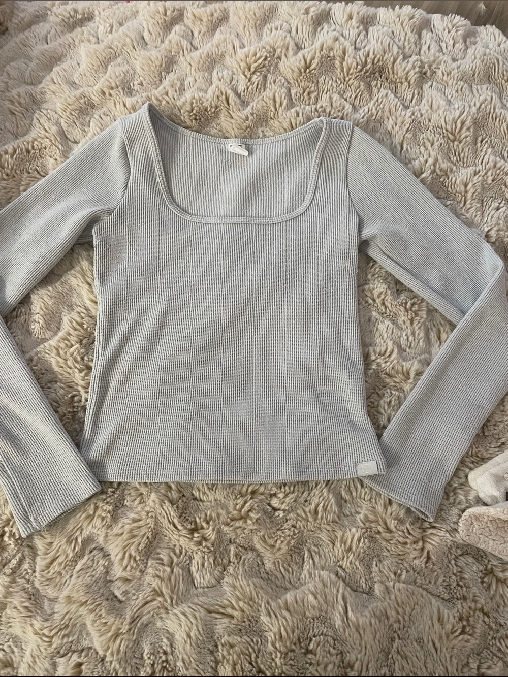 Light Gray Ribbed Square-Neck Long Sleeve Top